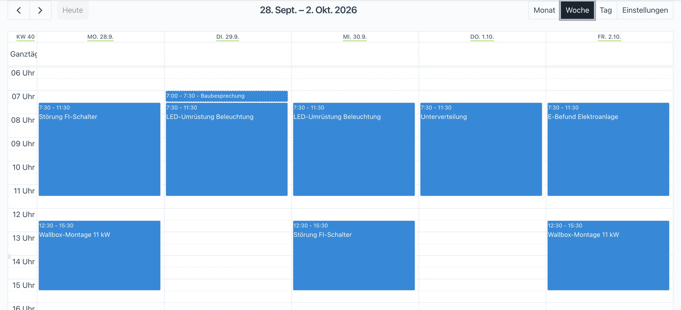Wochenkalender von Markus Hofer: Störung FI-Schalter, LED-Umrüstung, Unterverteilung, E-Befund und Wallbox-Montage, dazu die Baubesprechung am Dienstag