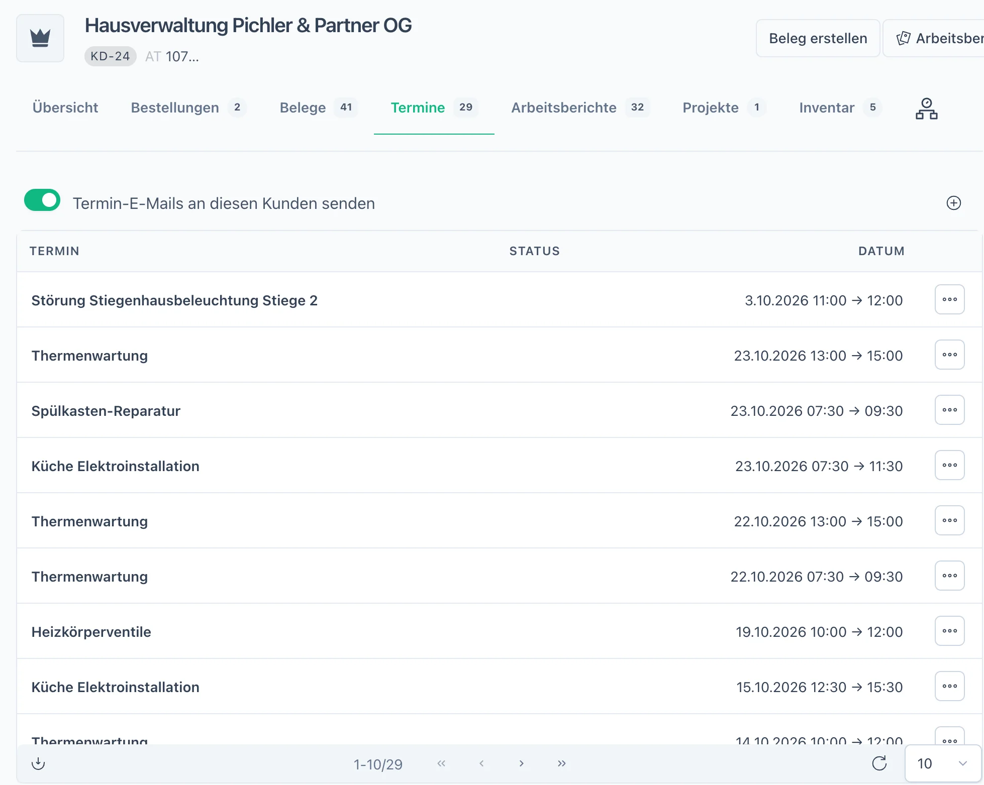 Kundenakte Hausverwaltung Pichler & Partner mit Reiter Termine (29), Schalter für Termin-E-Mails an den Kunden und Aktivitäten