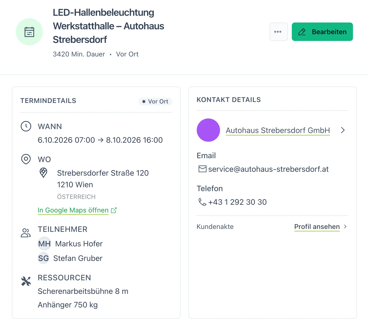 Termin LED-Hallenbeleuchtung beim Autohaus Strebersdorf über drei Tage: Adresse, Teilnehmer Markus Hofer und Stefan Gruber, Ressourcen Scherenarbeitsbühne und Anhänger