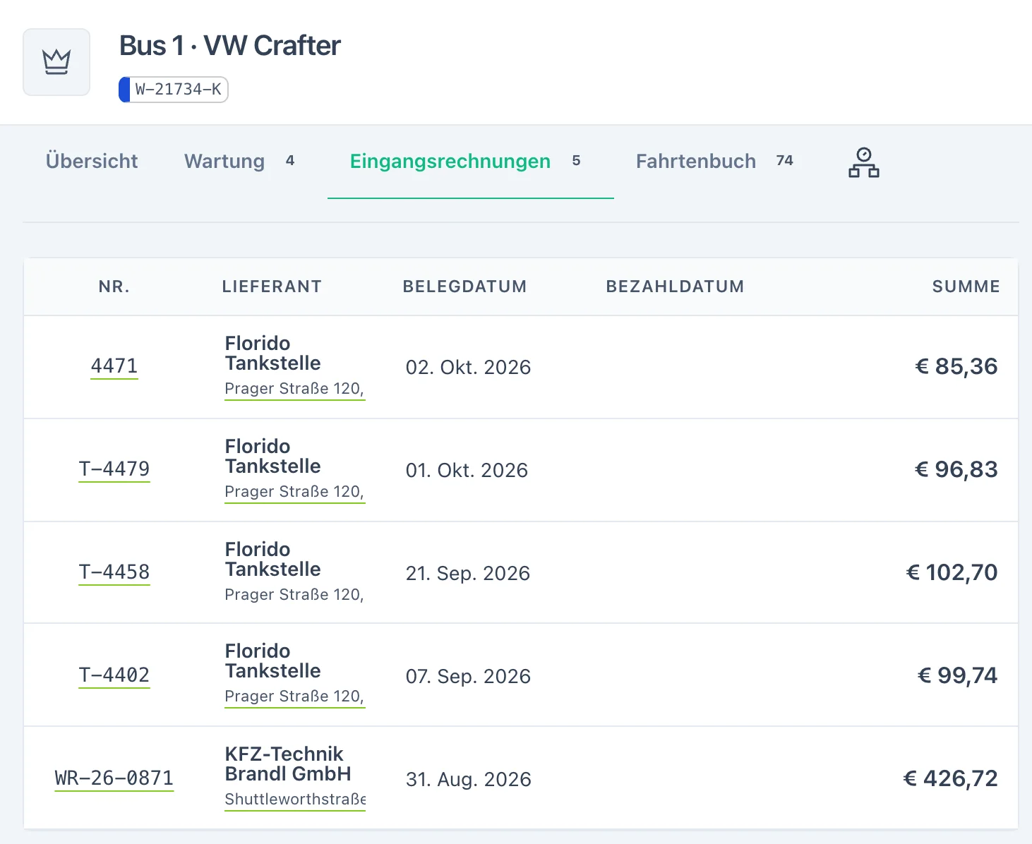 Reiter Eingangsrechnungen am Bus 1: vier Tankbelege der Florido Tankstelle und eine Werkstattrechnung mit Belegdatum und Summe