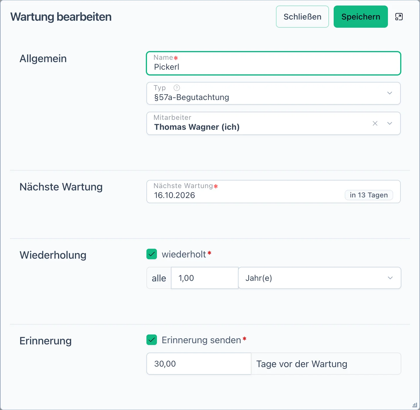 Dialog „Wartung bearbeiten“ für das Pickerl: Typ, zuständiger Mitarbeiter, nächster Termin in 13 Tagen, jährlich wiederkehrend, Erinnerung 30 Tage vorher