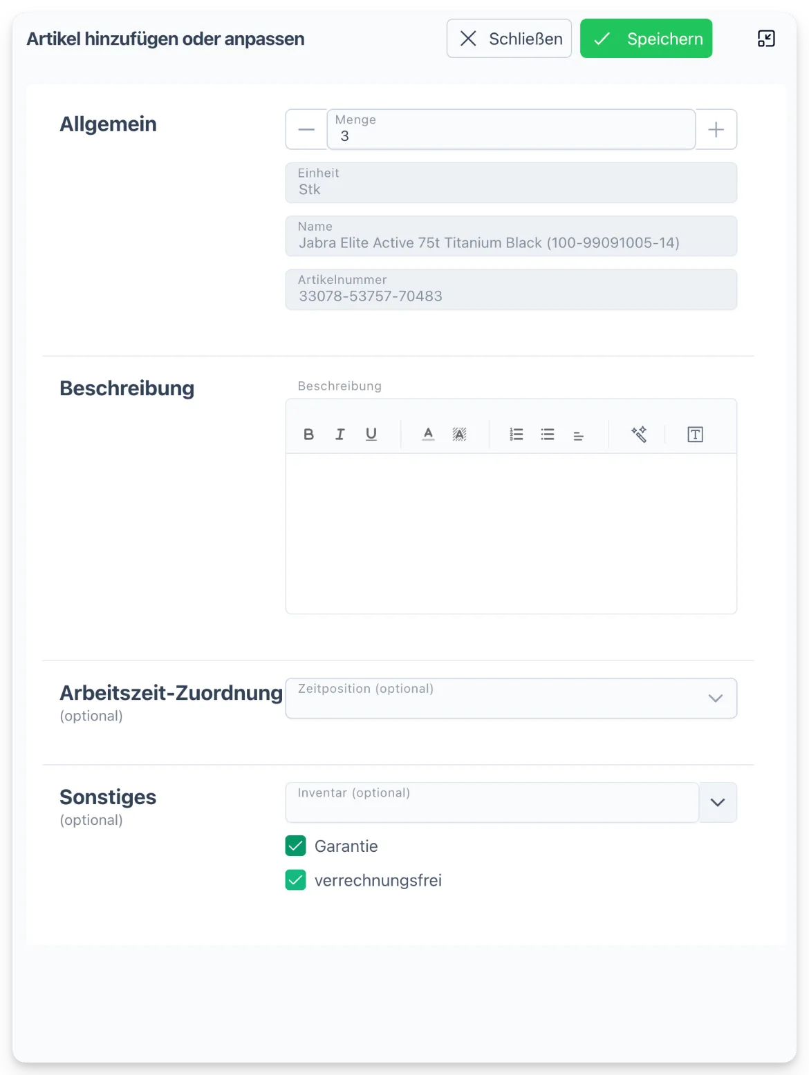 Position im Arbeitsbericht bearbeiten