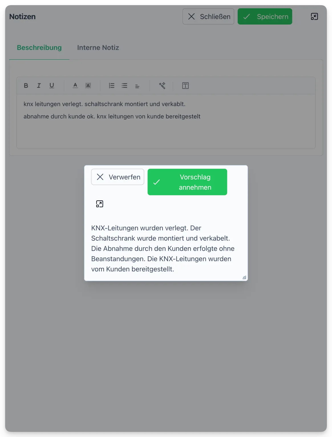 KI-Vorschlag für Notiz