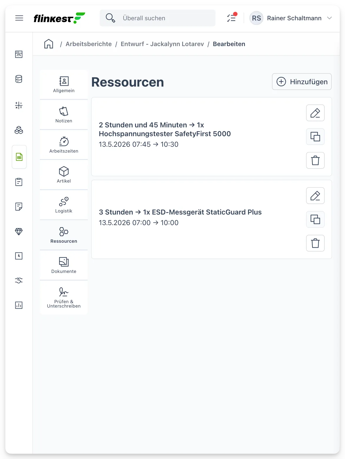Equipment/Ressourcen-Vermietung im Arbeitsbericht
