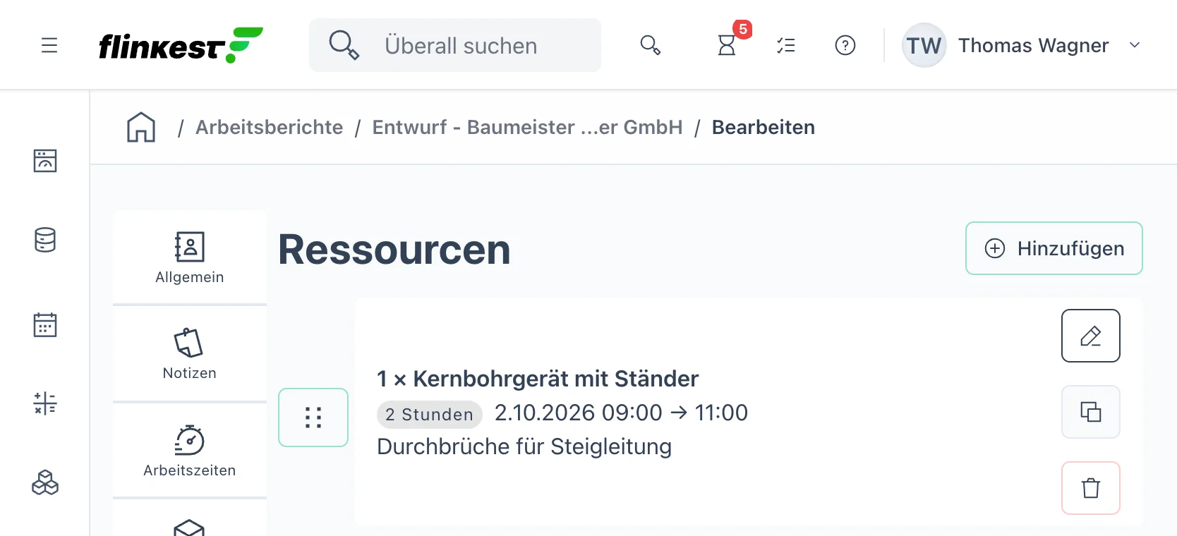 Geräte im Regiebericht: Kernbohrgerät mit Ständer, 2 Stunden, für Durchbrüche der Steigleitung