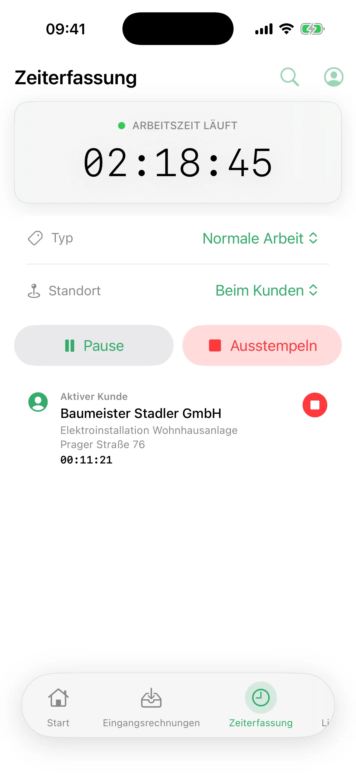 Laufende Arbeitszeit in der Stempeluhr der flinkest-App