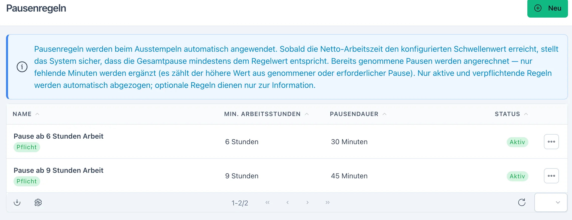 Pausenregeln in den Einstellungen: ab 6 Stunden Arbeit 30 Minuten Pause, ab 9 Stunden 45 Minuten, beide verpflichtend